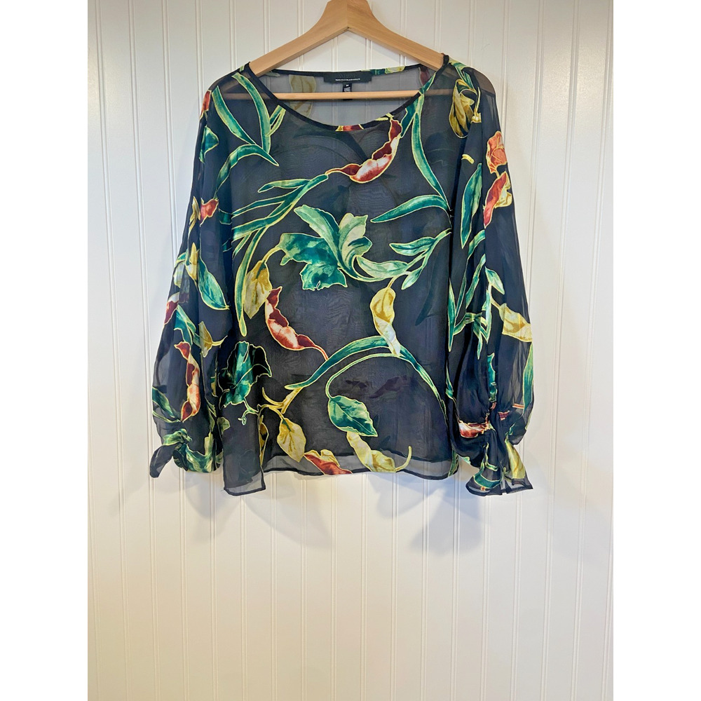 WHITE HOUSE BLACK MARKET Blouse Women's M Sheer, Floral, Black/Green, Iridescent